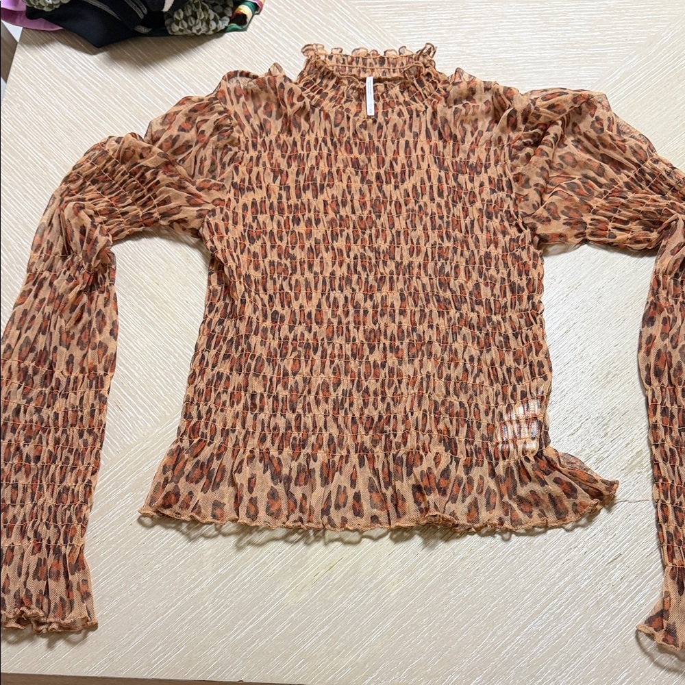 Free People Rust Leopard Smocked Long Sleeve Top